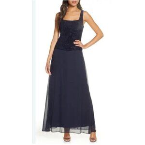 Alex Evenings Long Dress 16 Navy Blue Sequin Wedding Cruise Party Holiday NEW